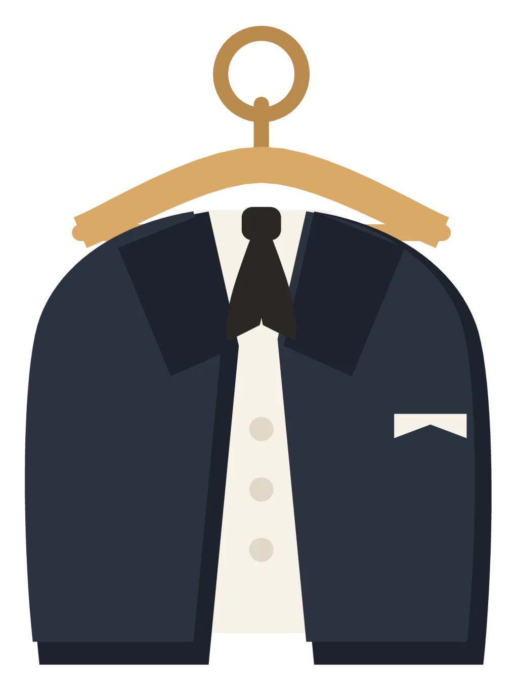 A navy tuxedo jacket on a hanger, with satin lapels, a white shirt and a black bow tie.