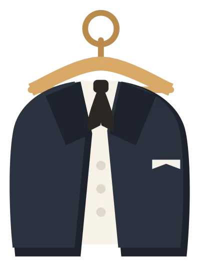 A navy tuxedo jacket on a hanger, with satin lapels, a white shirt and a black bow tie.
