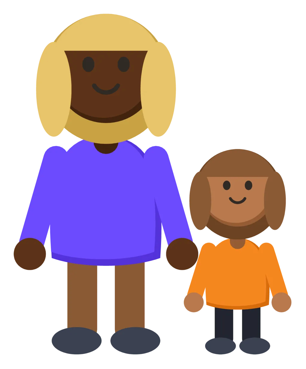 An adult and a small child standing side by side, both smiling.