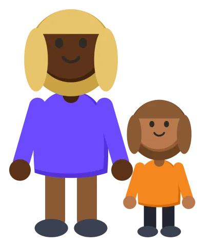 An adult and a small child standing side by side, both smiling.