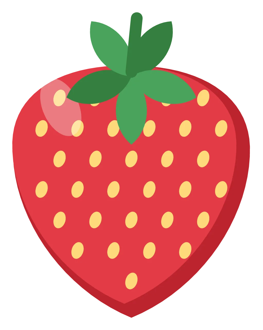 A red strawberry with pale seeds, a green leafy calyx and a short stem.