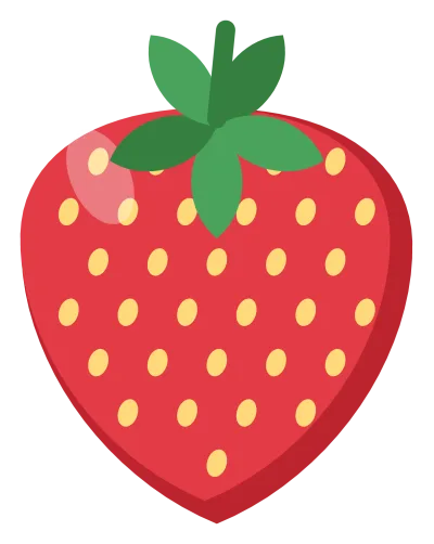 A red strawberry with pale seeds, a green leafy calyx and a short stem.