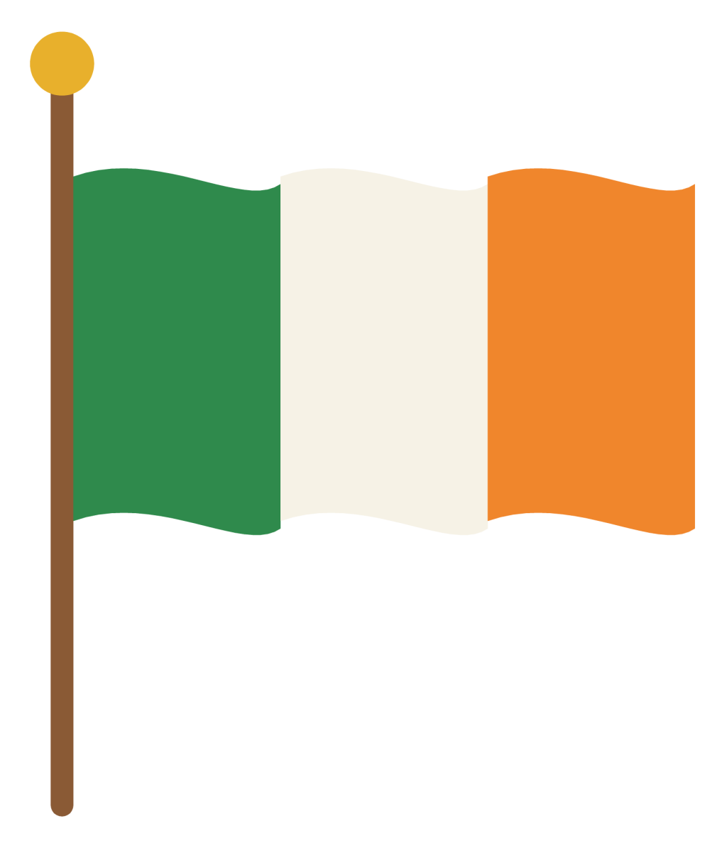 The Irish tricolour in green, white and orange, waving on a brown pole.