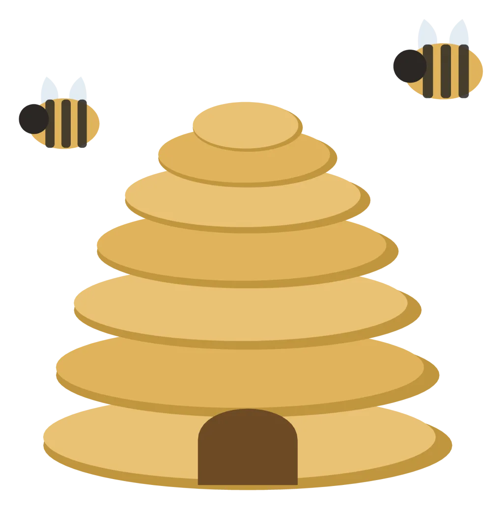 A domed straw beehive with coiled bands, an arched entrance at the base and two bees flying nearby.
