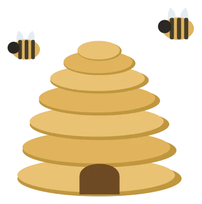 A domed straw beehive with coiled bands, an arched entrance at the base and two bees flying nearby.