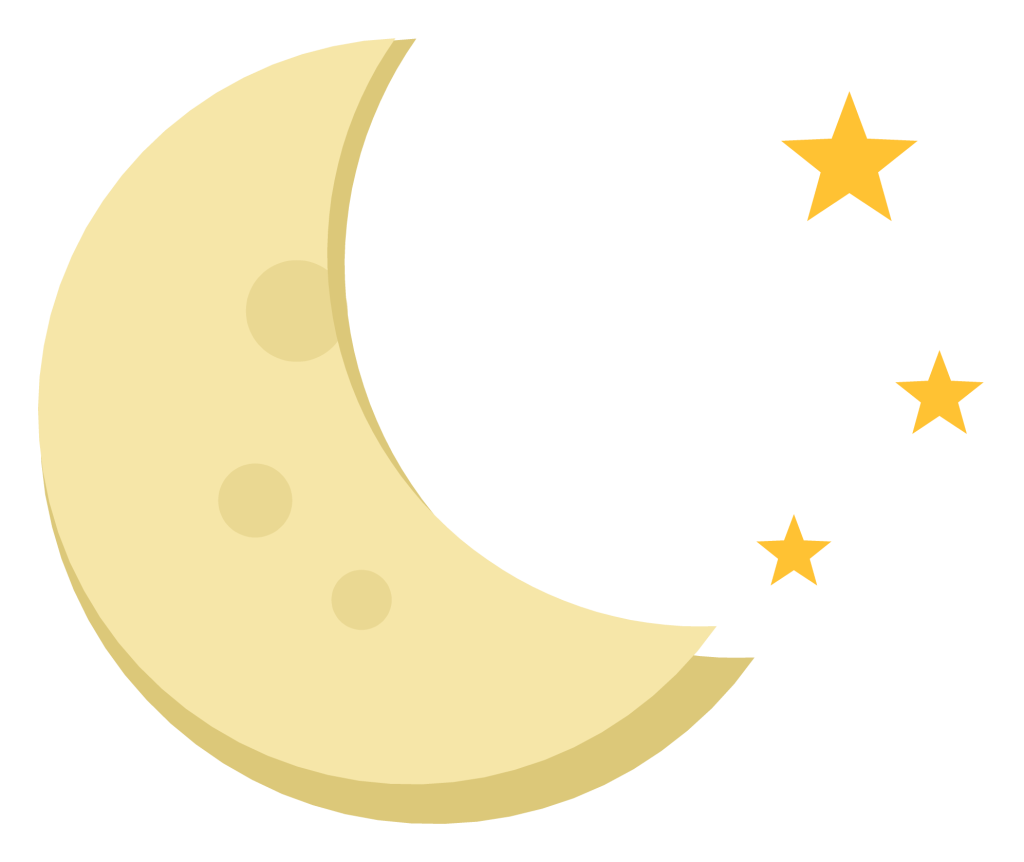 A pale yellow crescent moon with three small stars beside it.