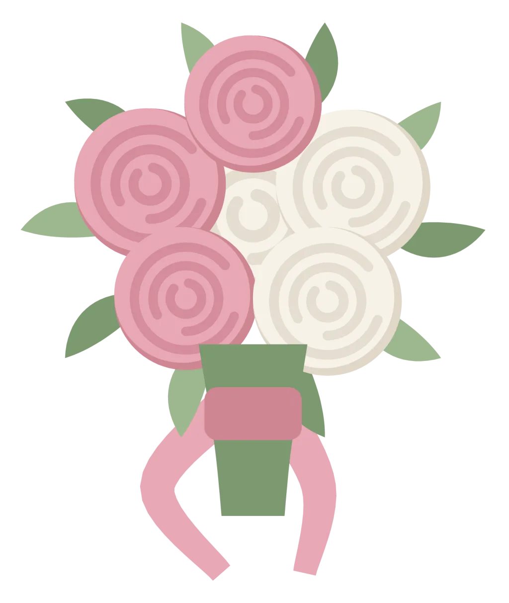 A round bridal bouquet of white and blush roses with green foliage and trailing ribbons.