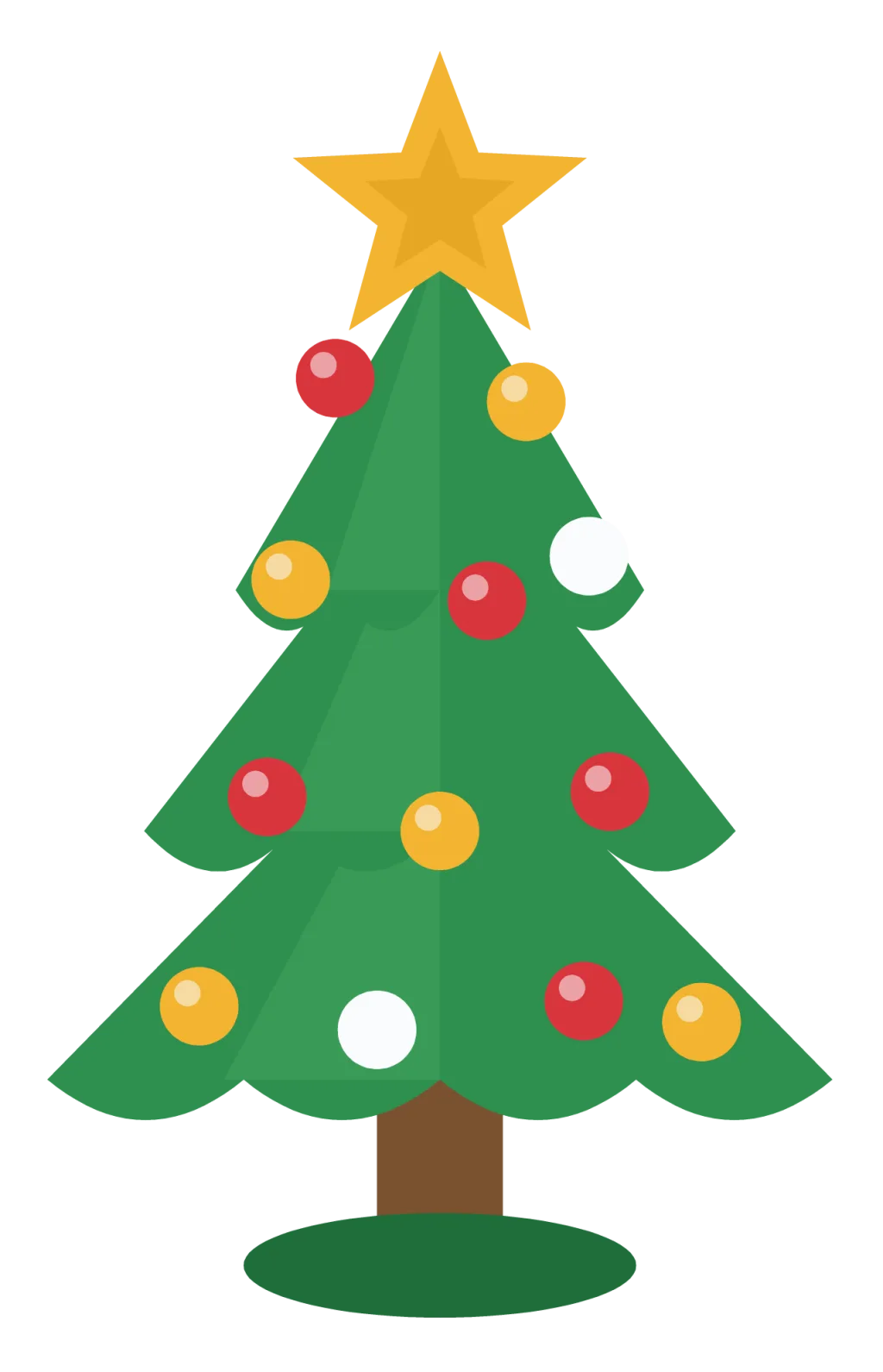 A decorated green Christmas tree in three tiers with red and gold baubles and a gold star on top.