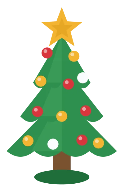 A decorated green Christmas tree in three tiers with red and gold baubles and a gold star on top.