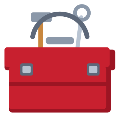 A red metal toolbox with a steel handle and latches, with tools showing above the open lid.