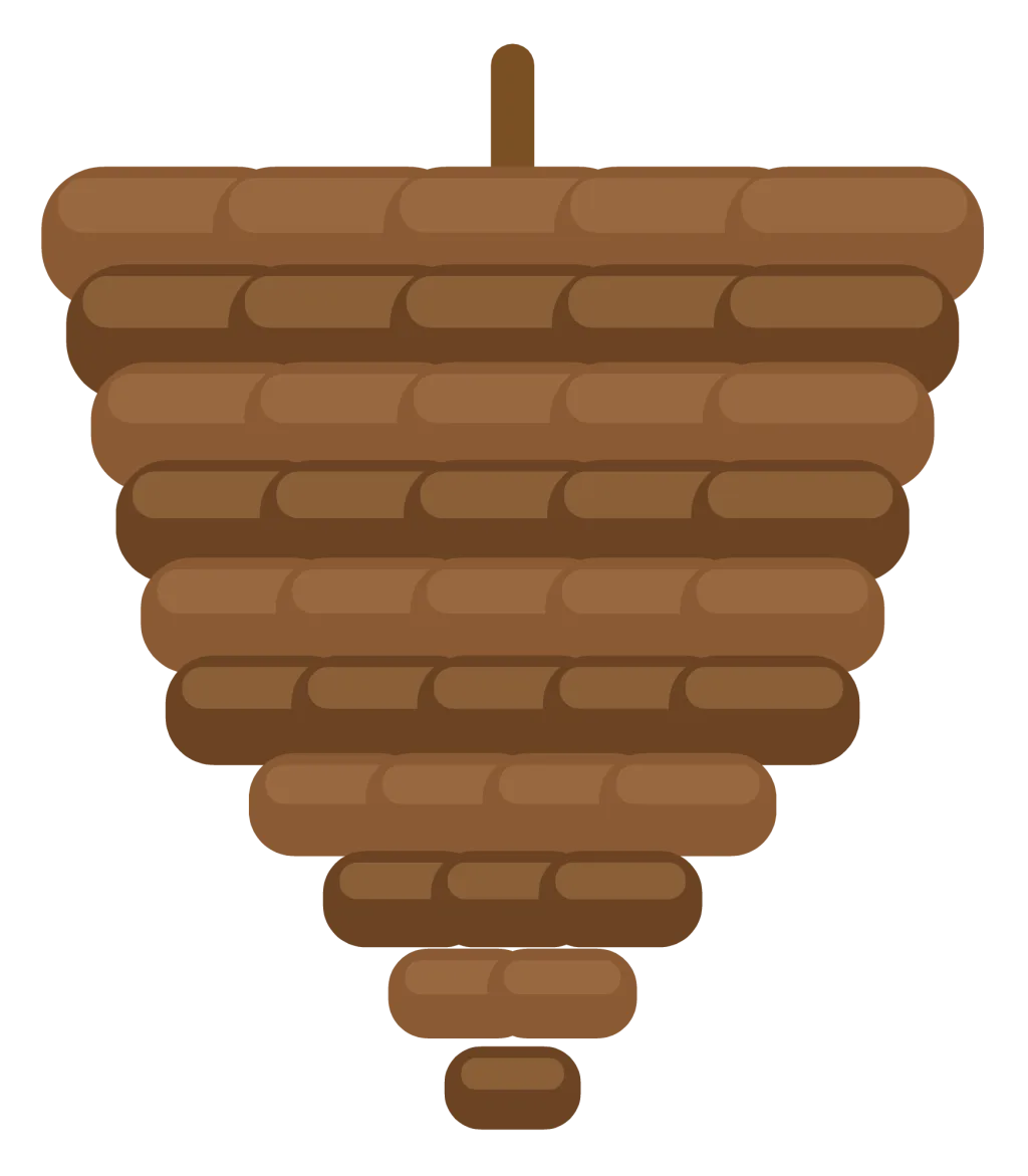 A brown pinecone with overlapping scales narrowing to a point, and a short stem.