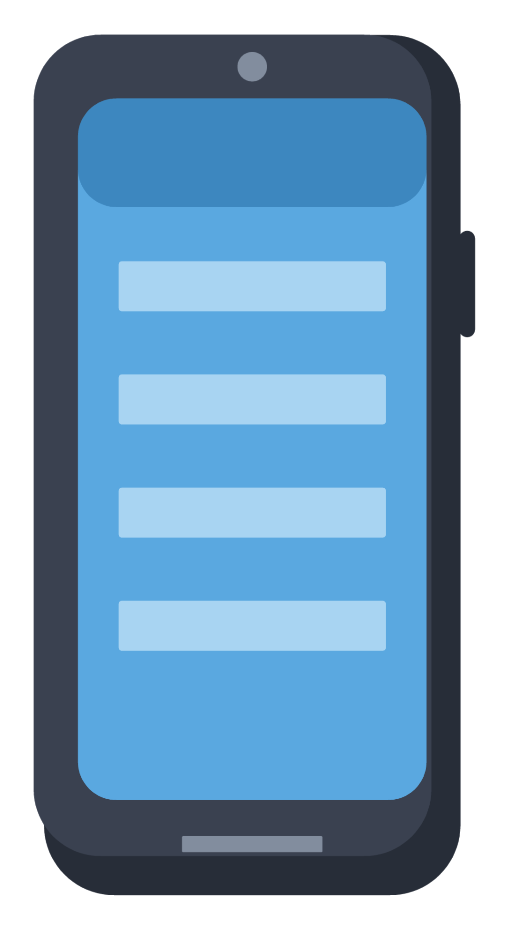 A dark smartphone standing upright with a blue screen and a small front camera.