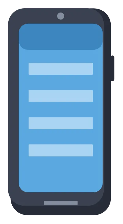 A dark smartphone standing upright with a blue screen and a small front camera.