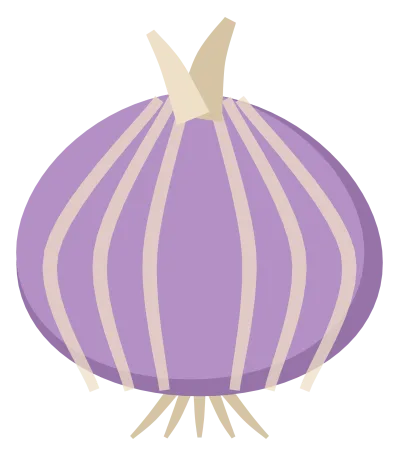 A red onion with papery skin, curved rings up the side and a dry shoot at the top.