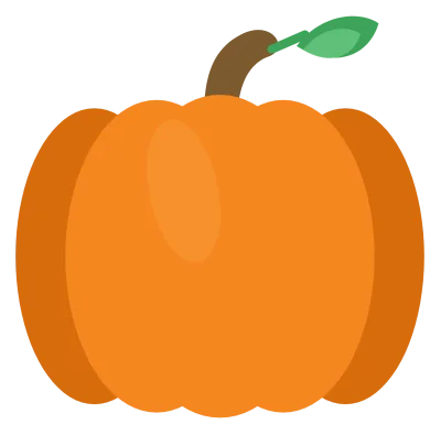 A round orange pumpkin with five ribbed lobes, a short curved brown stem and a green leaf.