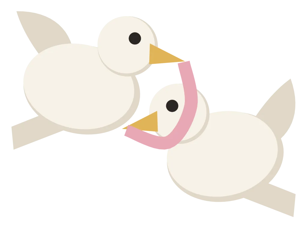 Two white doves in flight, facing each other with a ribbon held between their beaks.