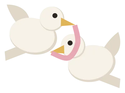 Two white doves in flight, facing each other with a ribbon held between their beaks.