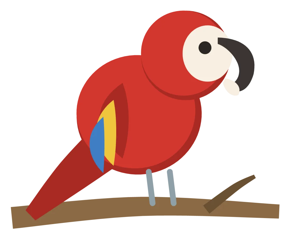 A scarlet macaw perched on a branch, with blue and yellow wing feathers, a long tail and a hooked beak.