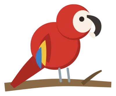 A scarlet macaw perched on a branch, with blue and yellow wing feathers, a long tail and a hooked beak.