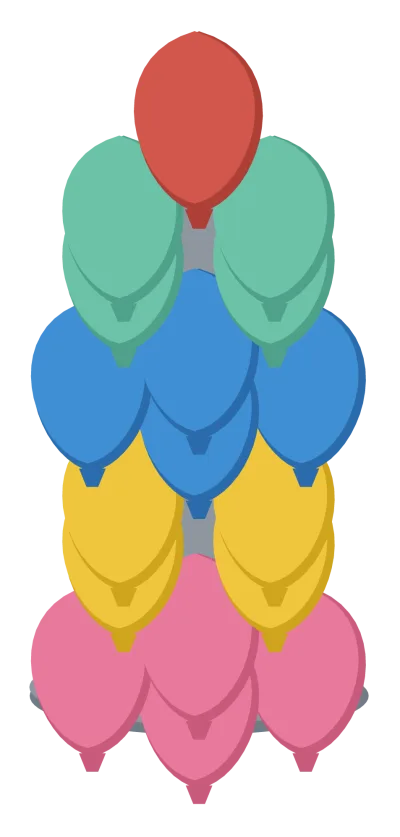 A column of party balloons stacked in fours up a pole, standing on a weighted base.