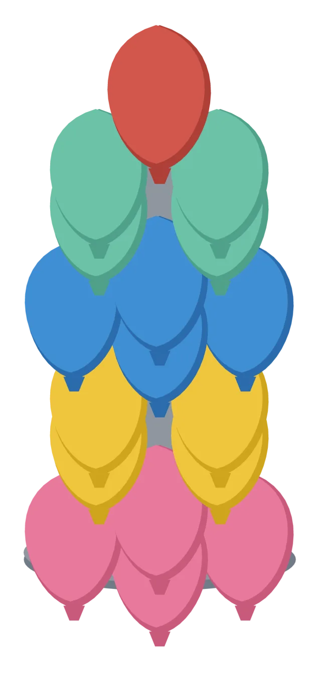 A column of party balloons stacked in fours up a pole, standing on a weighted base.