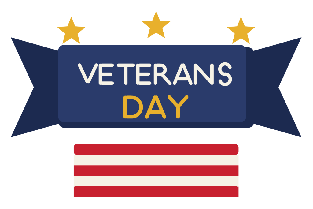 A navy ribbon banner reading Veterans Day with gold stars and a red and white striped panel.