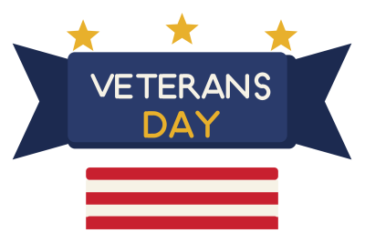 A navy ribbon banner reading Veterans Day with gold stars and a red and white striped panel.