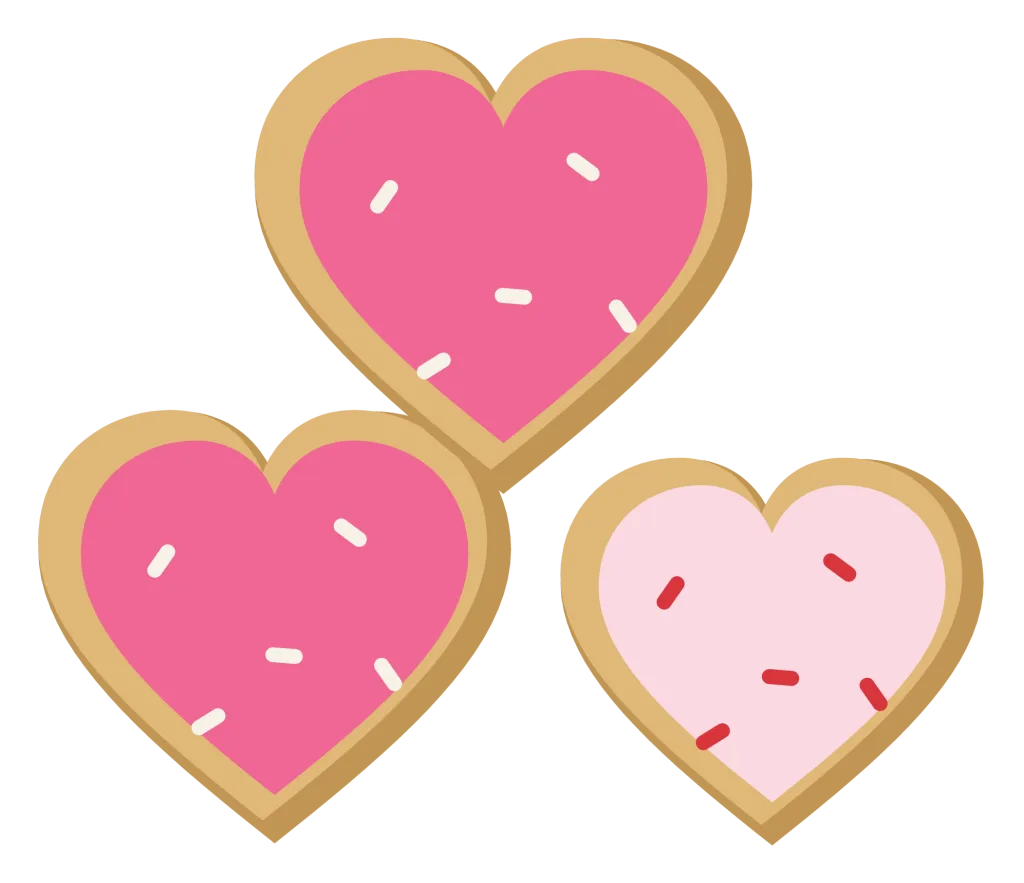 Three heart-shaped sugar cookies with pink icing and coloured sprinkles, overlapping each other.