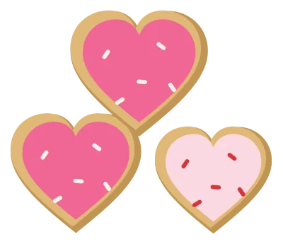 Three heart-shaped sugar cookies with pink icing and coloured sprinkles, overlapping each other.