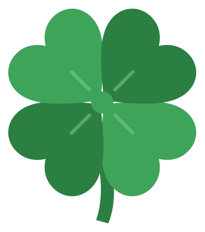 A green four leaf clover with a curved stem and pale central veins.