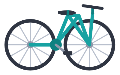 A teal bicycle in side view with two spoked wheels, a diamond frame and a saddle.