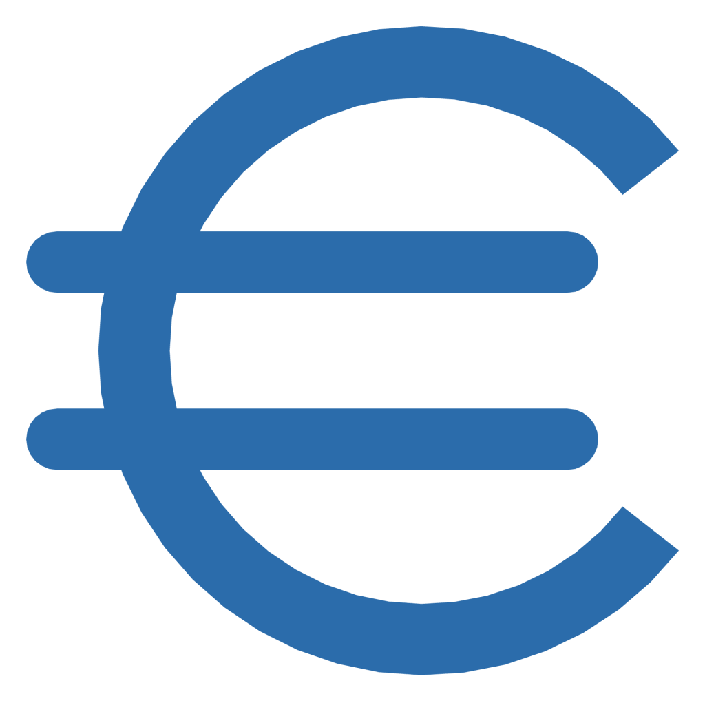 A bold blue euro sign with two horizontal bars crossing the C.