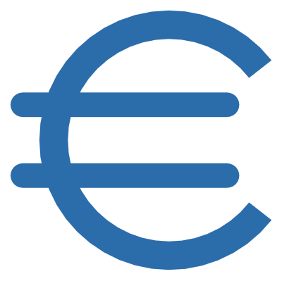 A bold blue euro sign with two horizontal bars crossing the C.