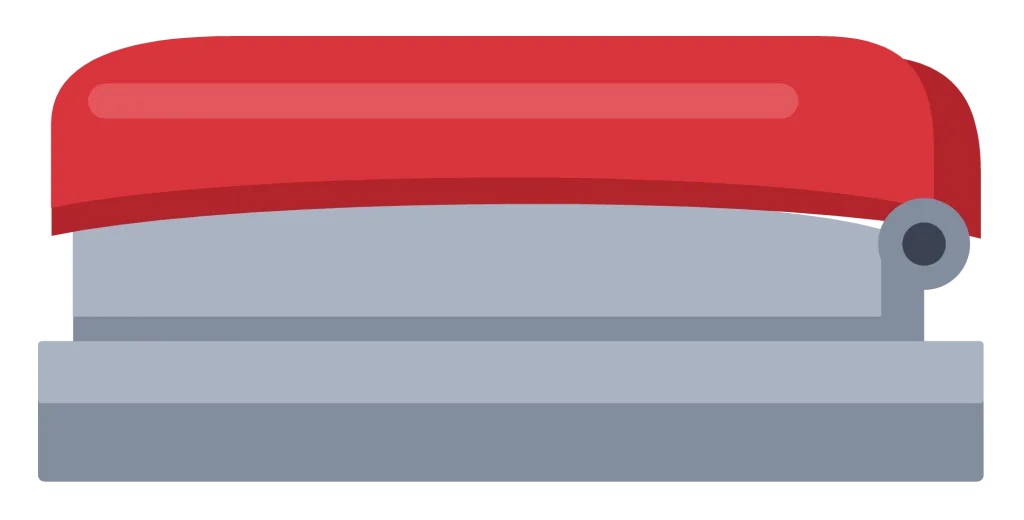 A red desk stapler in side view with a grey base and a hinged top arm.