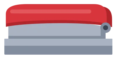 A red desk stapler in side view with a grey base and a hinged top arm.