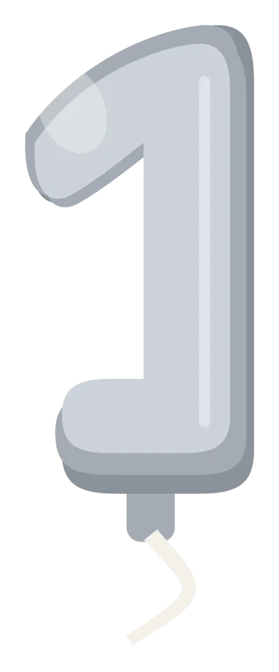 A silver foil number one balloon, puffed and seamed, with a ribbon at the base.