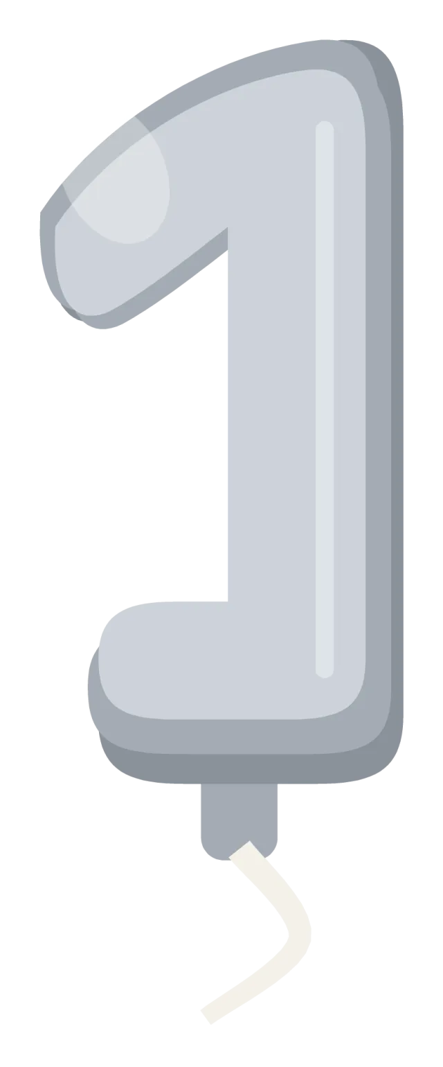 A silver foil number one balloon, puffed and seamed, with a ribbon at the base.