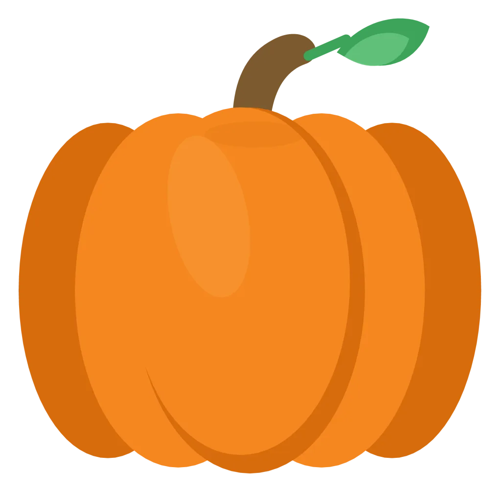 A round orange pumpkin with five ribbed lobes, a short curved brown stem and a green leaf.