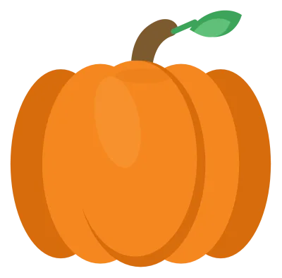 A round orange pumpkin with five ribbed lobes, a short curved brown stem and a green leaf.