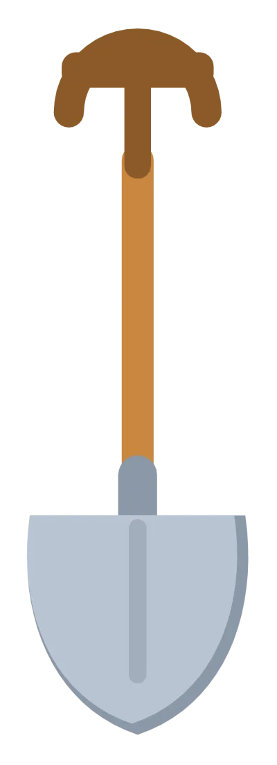 A steel shovel with a pointed blade, a wooden shaft and a D-shaped grip at the top.