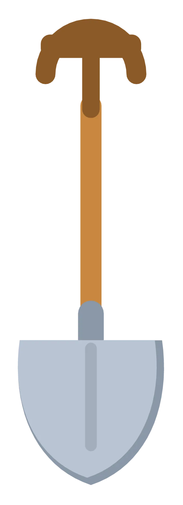 A steel shovel with a pointed blade, a wooden shaft and a D-shaped grip at the top.