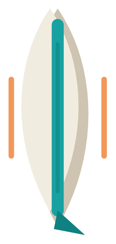 A tall surfboard standing upright with a teal stripe down its centre and a small fin.