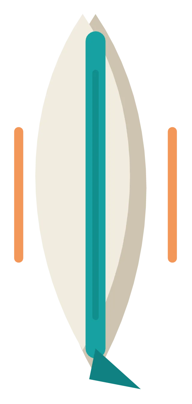 A tall surfboard standing upright with a teal stripe down its centre and a small fin.