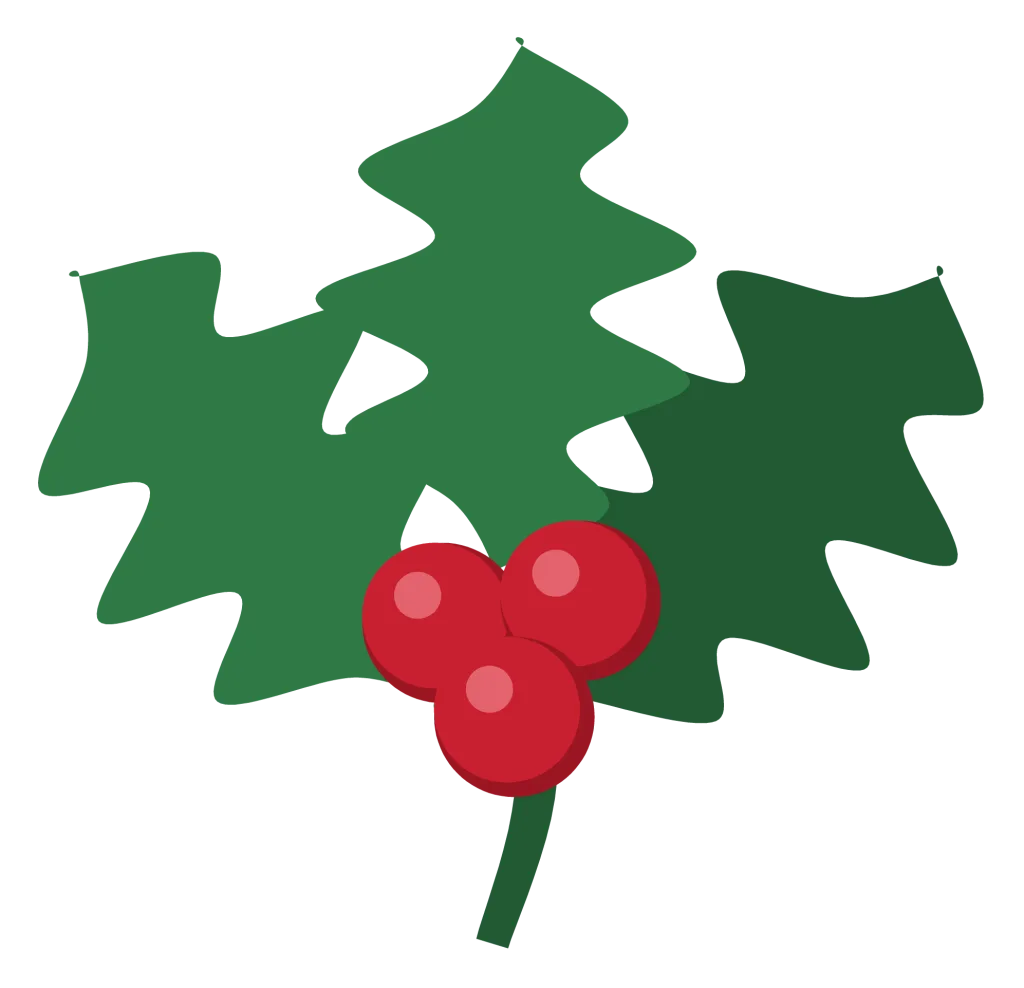A sprig of holly with three spiked green leaves and a cluster of red berries.