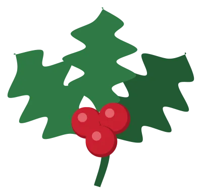 A sprig of holly with three spiked green leaves and a cluster of red berries.