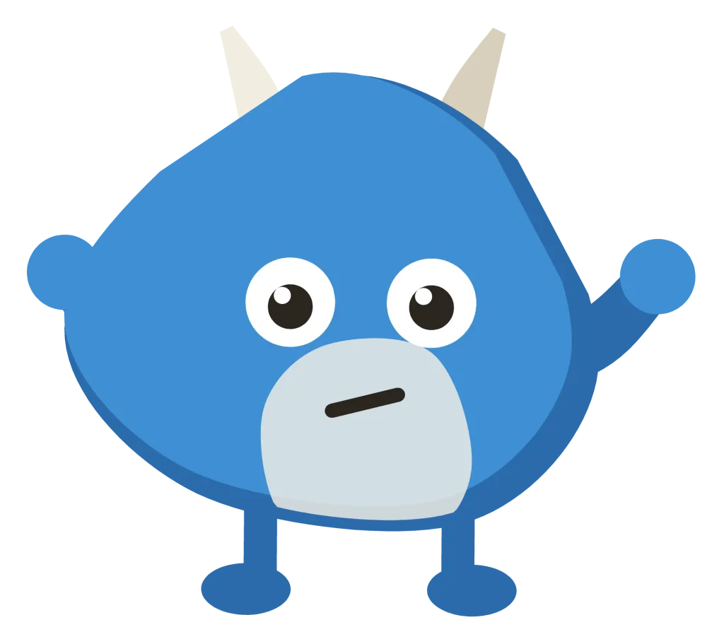 A blue Snip with two horns, arms held out and a crooked smile.