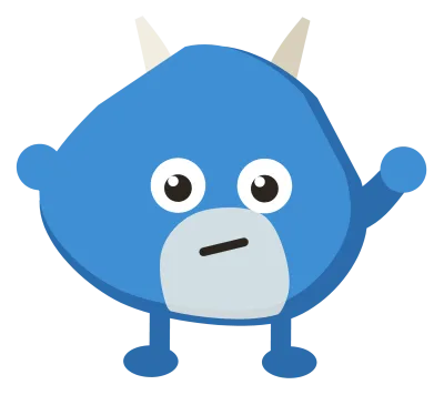 A blue Snip with two horns, arms held out and a crooked smile.