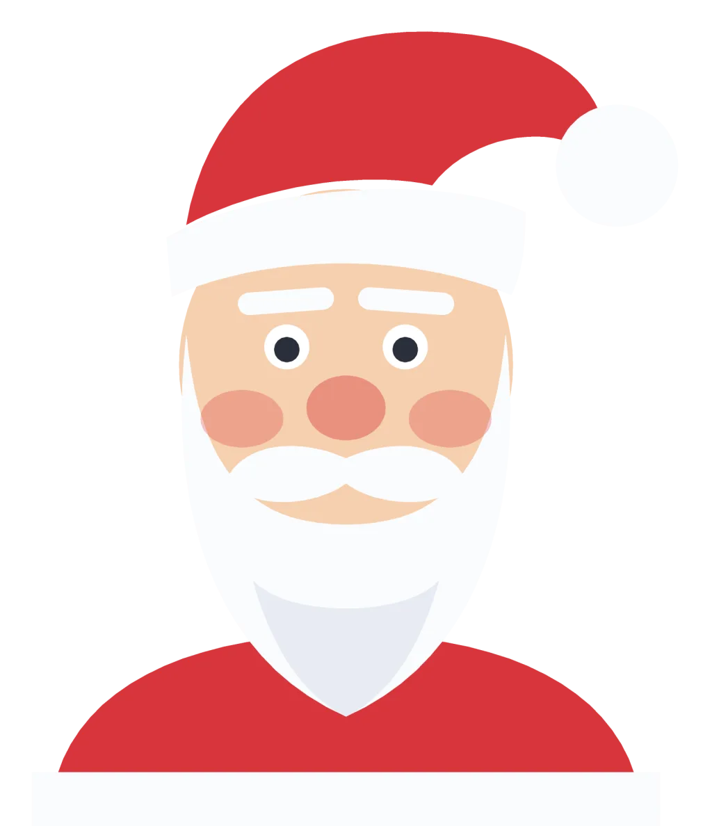 A cartoon Santa Claus with a red hat, round rosy cheeks and a full white beard, shown from the shoulders up.