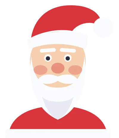 A cartoon Santa Claus with a red hat, round rosy cheeks and a full white beard, shown from the shoulders up.