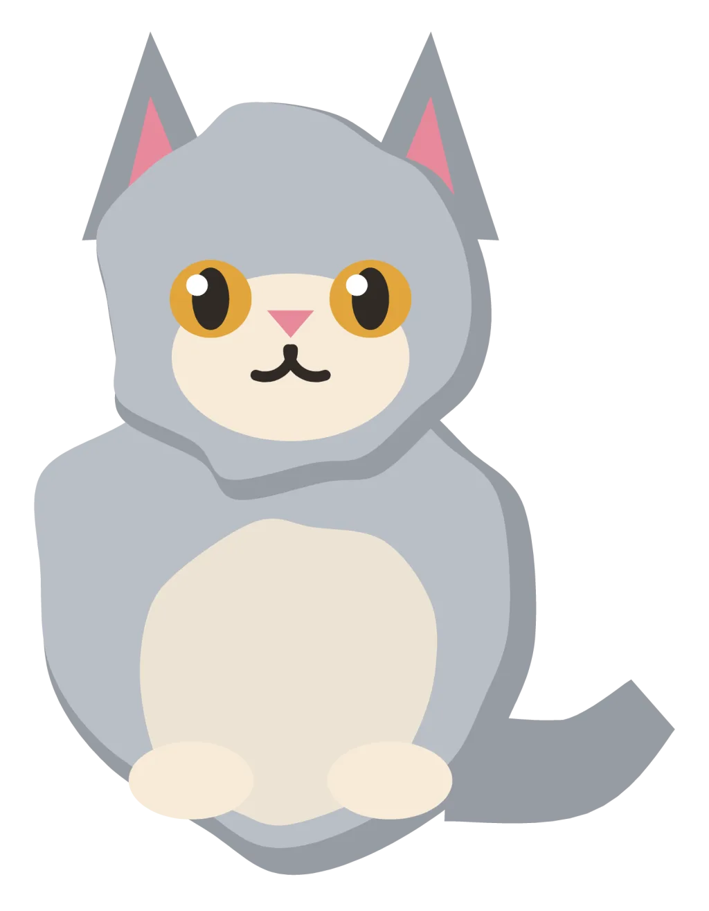 A silver persian cat sitting front on, with a flat round face, small ears and a thick fluffy coat.